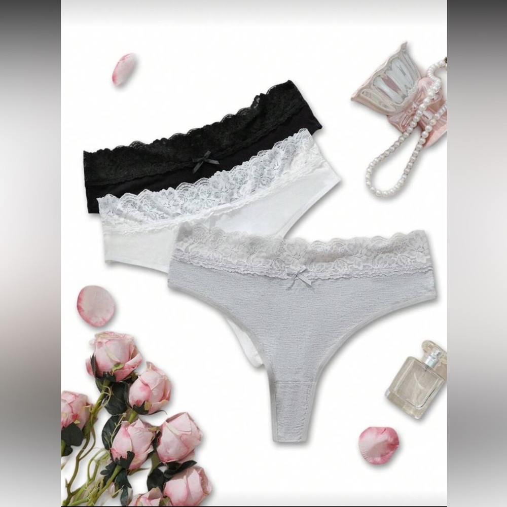 3 Pack Lace Trim Women's Panties - Black, White, Gray